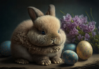 Cute Easter bunny with eggs. Generative AI
