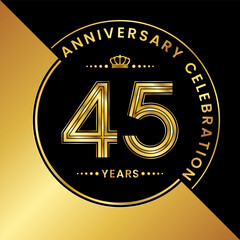 45th Anniversary. logo design with golden numbers and text for birthday celebration event, invitation, wedding, greeting card, banner, poster, flyer, brochure. Logo Vector Template