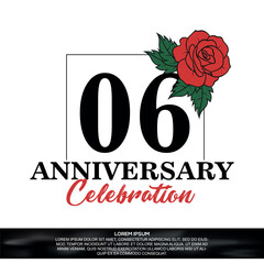 06th anniversary celebration logo  vector design with red rose  flower with black color font on white background abstract  