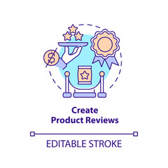 Create product reviews concept icon. Public presentation. Begin affiliate program abstract idea thin line illustration. Isolated outline drawing. Editable stroke. Arial, Myriad Pro-Bold fonts used