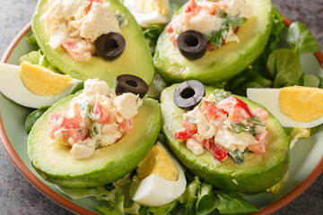 Avocado halves stuffed with chicken salad close-up on a plate on the table. Horizontal