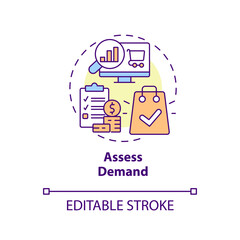Assess demand concept icon. Search trends. Select affiliate marketing niche abstract idea thin line illustration. Isolated outline drawing. Editable stroke. Arial, Myriad Pro-Bold fonts used