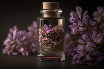 Obraz na płótnie Canvas Unique and aromatic lilac fragrance in vial. Blooming lilac scent photography made with Generative AI