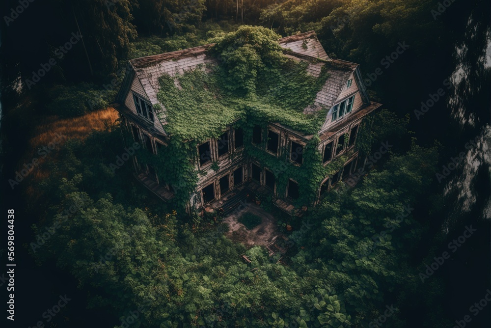 Poster a bird's-eye view of a deserted home surrounded by trees generative ai