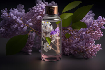 Unique and aromatic lilac fragrance in vial. Blooming lilac scent photography made with Generative AI