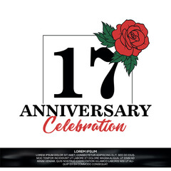 17th anniversary celebration logo  vector design with red rose  flower with black color font on white background abstract  