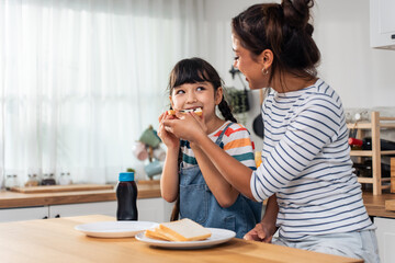 Caucasian happy family, parent spend time with kid together at home.