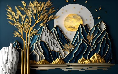 3d modern art mural wallpaper with Drawing modern Landscape art. leaves tree, golden lines, deep blue sun and mountain, colorful marble background, Suitable for use as a frame on wall