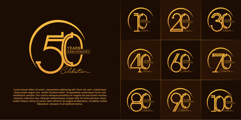 set of anniversary logotype gold color with golden swoosh for special celebration event