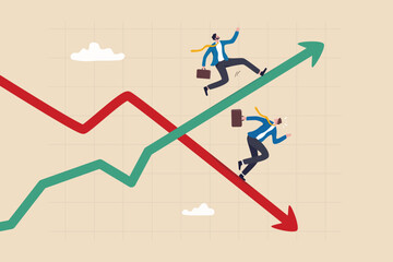 Profit and loss, investment direction or economic forecast, growth and decline in profit, make money or losing money concept, businessman running on rising up growth graph and decline recession down.