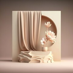 Podium d'affichage. Fond beige pastel avec socle et branche d'arbre. Maquette de produit cosmétique. Rendu minimal. IA générative