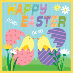 easter greeting card with chicken and egg shell