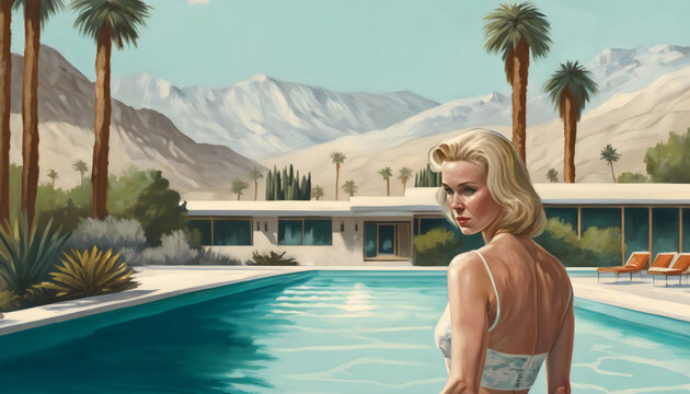vintage style blonde woman at pool in palm springs created with generative ai