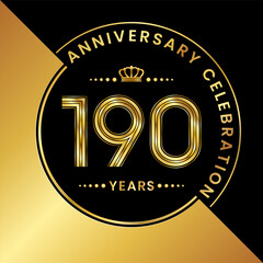190th Anniversary. logo design with golden numbers and text for birthday celebration event, invitation, wedding, greeting card, banner, poster, flyer, brochure. Logo Vector Template