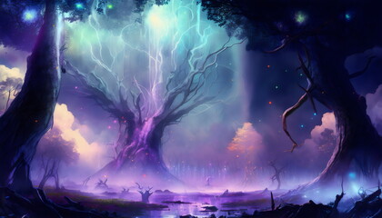 fantasy landscape with colorful galaxy sky and trees created with generative ai