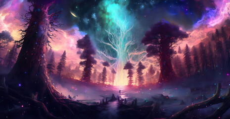Fototapeta na wymiar fantasy landscape with colorful galaxy sky and trees created with generative ai