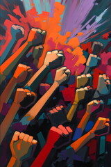 colorful painting of diverse fists raised protest created by generative ai	

