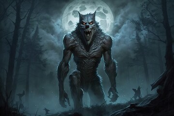 Terrifying werewolf in the forest with full moon
