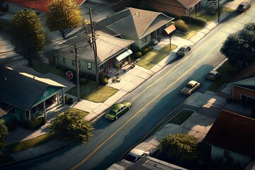 Aerial view of a street with buldings, cars and trees