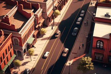 Fototapeta premium Aerial view of a street with buldings, cars and trees