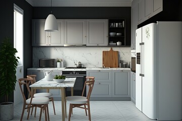 Fototapeta na wymiar Modern minimalistic kitchen interior with dining table, kitchen cabinet and fridge
