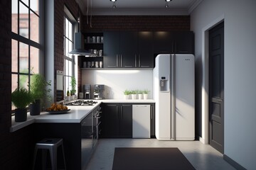Modern minimalistic kitchen interior with grey kitchen cabinet and fridge