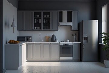Modern minimalistic kitchen interior with kitchen cabinet and fridge
