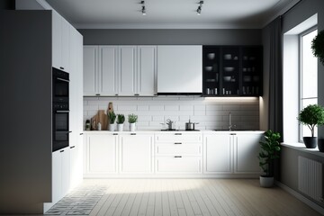 Modern minimalistic kitchen interior with white kitchen cabinet and fridge