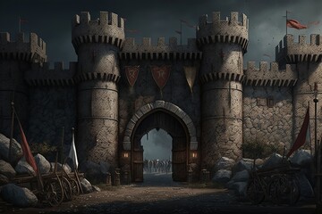 Big medieval castle with bastion, towers and gate