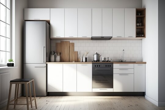 Modern minimalistic kitchen interior with white kitchen cabinet and fridge