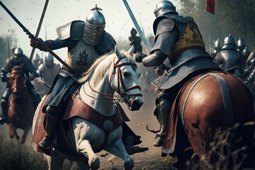 Intense medieval battle with cavalry and foot soldiers in plate armor - obrazy, fototapety, plakaty