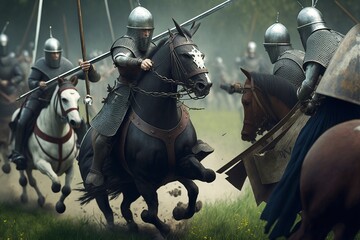 Naklejka premium Intense medieval battle with cavalry and foot soldiers in plate armor