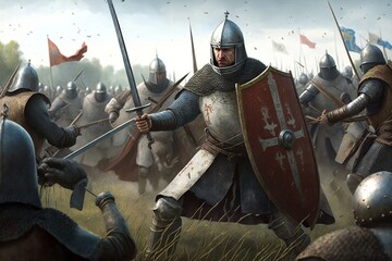 Naklejka premium Intense medieval battle with foot soldiers with shield and plate armor
