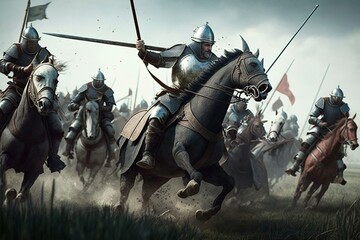 Naklejka premium Intense medieval battle with cavalry and foot soldiers in plate armor