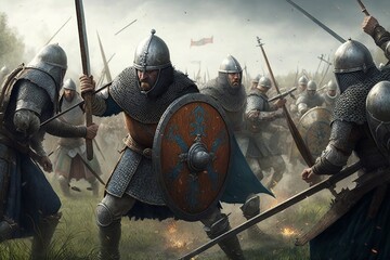 Intense medieval battle with foot soldiers with shield and plate armor - obrazy, fototapety, plakaty