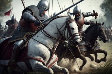Intense medieval battle with cavalry and foot soldiers in plate armor - obrazy, fototapety, plakaty
