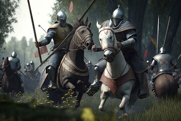 Intense medieval battle with cavalry and foot soldiers in plate armor