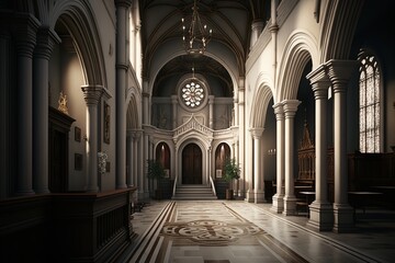 Fototapeta na wymiar Gothic church interior with rosace and pew