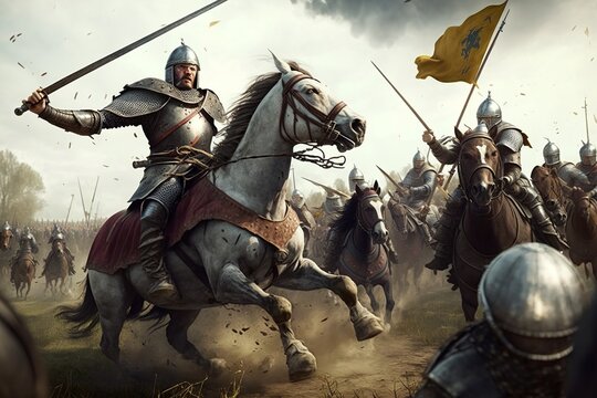 Intense medieval battle with cavalry and foot soldiers in plate armor
