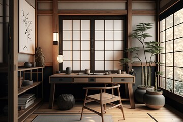 Japandi interior style study room with plants, bonsai tree, wooden desk and a bamboo stool
