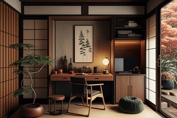 Japandi interior style study room with plants, bonsai tree and wooden desk with table lamp