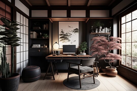 Japandi interior style study room with plants, bonsai tree, wooden desk and a computer on it