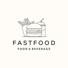 burger french fries soft drink line art logo vector minimalist illustration design, fast food logo design