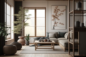 Bright japandi interior style living room with coffee table, sofa,pillows and bonsai tree