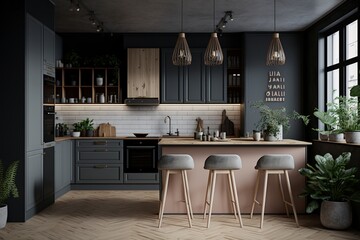 Japandi interior style kitchen with wooden cabinet