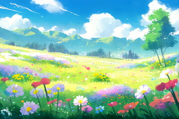 Springtime Field Meadow, Generative AI, Desktop Wallpaper