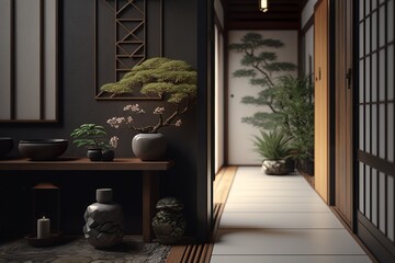 Japandi interior style hallway with door and bonsai tree