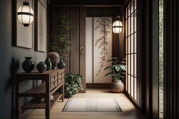 Japandi interior style hallway with door and bonsai tree