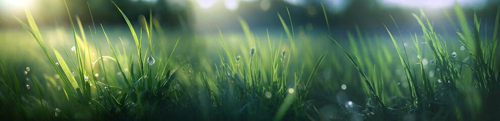 Fototapeta na wymiar Green grass and dew drops close up. Spring field and sunshine, banner. Generative AI