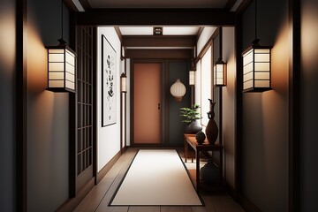 Japandi interior style hallway with door